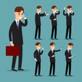 Set businessman with phone in cartoon style on background. Successful young man in a suit in different poses with a telephone. Royalty Free Stock Photo