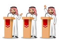 Set of businessman Saudi Arab Man giving a speech behind rostrum