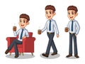 Set of businessman in shirt making a break with drinking a coffee