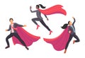 Set businessman and superwoman superhero actions running flight takeoff. Royalty Free Stock Photo
