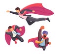 Set businessman and superwoman superhero actions running flight takeoff.