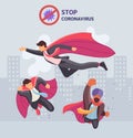 Set businessman and superwoman superhero actions running flight takeoff. Royalty Free Stock Photo