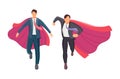 Set businessman and superwoman superhero actions running flight takeoff. Royalty Free Stock Photo