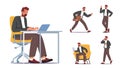 Set Businessman Work in Office Sitting at Desk with Laptop, Late, Having Creative Idea, Reading Report and Talk by Phone