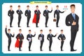 Set of businessmen presenting in various action.Happy man in business suit.People character.