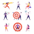 Set of Businesspeople Characters Carry Huge Pencil, Holding Banners, Insurance Policy Service, Aim with Arrow in Center