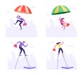 Set of Businesspeople Falling Down with Parachute and Walking on Stilts Step into Trap Lying on Ground. Business People Royalty Free Stock Photo