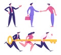 Set of Businesspeople Male and Female Characters Shaking Hands with Business Partners, Running Together