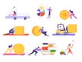 Set of Businesspeople Pushing Huge Geometric Figures, Set Up Pie Chart, Push Cart with Books Pile, Driving Forklift