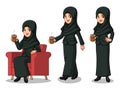 Set of businesswoman in black suit with veil making a break with drinking a coffee