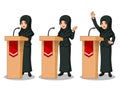 Set of businesswoman in black suit with veil giving a speech behind rostrum