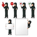 Set of businesswoman in black suit with veil holding sign board