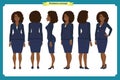 Set of Businesswoman character design. Front, side, back. Business girl. Cartoon style, flat vector isolated. African American Royalty Free Stock Photo