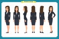 Set of Businesswoman character design.Front, side, back.Business girl, woman. Cartoon style, flat vector isolated. Royalty Free Stock Photo