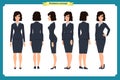 Set of Businesswoman character design.Front, side, back.Business girl, woman. Cartoon style, flat vector isolated. Royalty Free Stock Photo