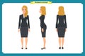 Set of Businesswoman character design.Front, side, back.Business girl, woman. Cartoon style, flat vector isolated. Royalty Free Stock Photo