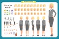 Set of Businesswoman character design.Front, side, back view animated character. Cartoon style, flat vector isolated.