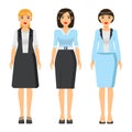 Set of businesswomen with different haircuts, women in office suit, dress, shirt and skirt, dresscode