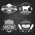 Set of butcher shop badge or label with cow, Beef, steak on chalkboard. Vector. Vintage typography logo design with cow