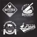 Set of butcher shop badge or label with goose, chicken, cow, pig and kitchen knife on chalkboard. Vector illustration