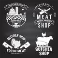 Set of butcher shop badge or label with cow, Beef, chicken. Vector. Vintage typography logo design with cow, chicken Royalty Free Stock Photo