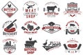 Set of butcher shop badge or label with cow, Beef, chicken. Vector. Vintage typography logo design with cow, chicken