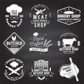 Set of butcher shop and Bakery shop badge, label. Vector. Vintage logo design with cow, chicken, rolling pin, dough Royalty Free Stock Photo