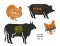 Set of butcher shop labels and design elements. Graphical bull, pig, turkey, chicken silhouettes. Hand drawn vintage farm