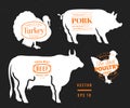 Set of butcher shop labels and design elements. Graphical bull, pig, turkey, chicken silhouettes. Hand drawn vintage farm