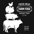 Set of butcher shop labels and design elements. Graphical bull, pig, turkey, chicken silhouettes. Hand drawn vintage illustrations