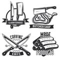 Set of butcher stuff emblems labels badges logos. Isolated on white