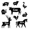 Set of butchery logotype templates. Cartoon farm animals with sample text. Retro styled toy farm animals black