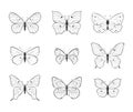Set of butterflies drawn line art style, decorative outline. various shapes butterflies black lines on white background