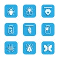 Set Butterfly Cocoon, Clothes Moth, Spider In Jar, Mosquito, Fireflies Bugs, Hive For Bees And Beetle Deer Icon. Vector