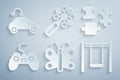 Set Butterfly, Puzzle pieces toy, Gamepad, Swing, Rattle baby and Radio controlled car icon. Vector