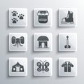 Set Butterfly, Shirt, Arrow, African hut, Tourist tent, Elephant, Paw print and Hunter boots icon. Vector