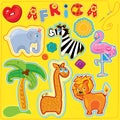 Set of buttons, cartoon animals and word AFRICA -