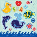 Set of buttons, cartoon animals and word SEA - han