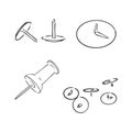 set of buttons, pins and paper clips in doodle style. Elements are drawn by hand and isolated on a white background Royalty Free Stock Photo