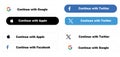 Set of buttons with realistic shadows Continue with Google, Continue with Facebook, Continue with Apple