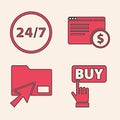 Set Buy button, Clock 24 hours, Online shopping on screen and Cursor click document folder icon. Vector Royalty Free Stock Photo