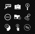 Set Buy button, Laptop and cursor, Magnifying glass dollar, Business man planning mind, Hand holding coin, Discount