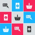 Set Buy button, Percent discount and mobile and Shopping basket icon. Vector Royalty Free Stock Photo