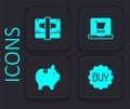 Set Buy button, Stacks paper money cash, Shopping cart screen laptop and Piggy bank icon. Black square button. Vector Royalty Free Stock Photo
