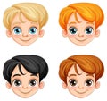 Set of c ute boy head cartoon character in different race and hair colour