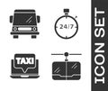 Set Cable car, Car, Laptop call taxi service and Stopwatch 24 hours icon. Vector