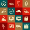 Set Cable car, Tram and railway, Location with taxi, Airport, No Smoking, Hand, Taxi roof and Car icon. Vector