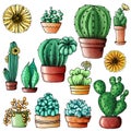 Set cacti and succulents elements isolated colorized on white background