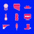 Set Cactus, Indian feather, Cowboy boot, Pointer to wild west, Revolver gun, Gallows rope loop hanging, Western cowboy