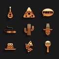 Set Cactus, Nachos, Maracas, Mexican man sombrero, Cigar, Fiesta and guitar icon. Vector Royalty Free Stock Photo
